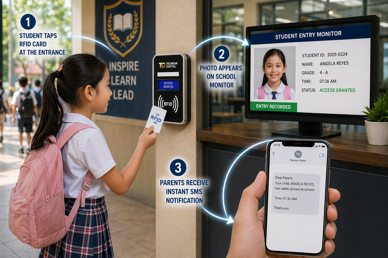 Three-step process: tap RFID, photo on monitor, SMS to parent